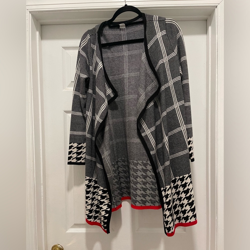 Houndstooth and plaid mixed pattern long open wrap cardigan  - VENUS
